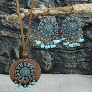 3pc Boho Ethnic Wooden Beaded Earrings Necklace Set